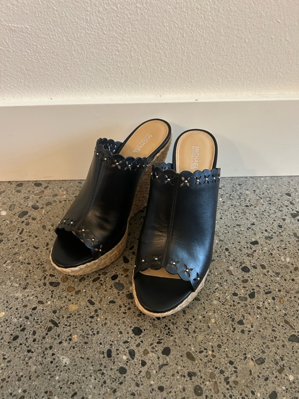 Michael Kors Black Leather Scalloped Espadrille Wedge Mules